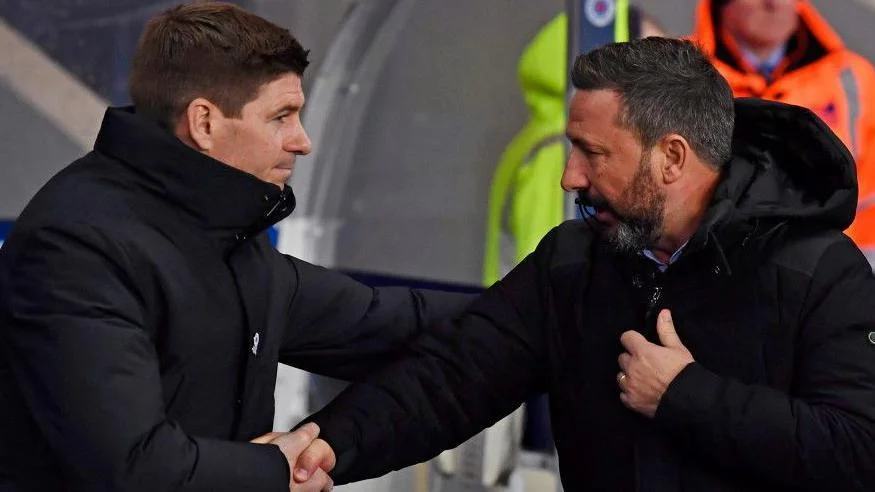 Derek McInnes, then Aberdeen manager, and Steven Gerrard, then Rangers manager shakes hands at Ibrox in 2019