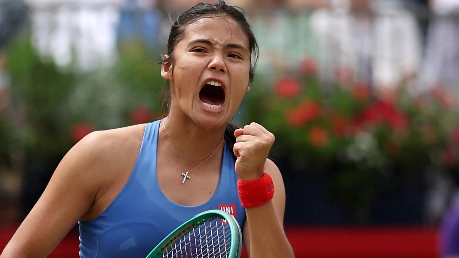 Emma Raducanu reacts to winning a point during her Queen's defeat by Donna Vekic