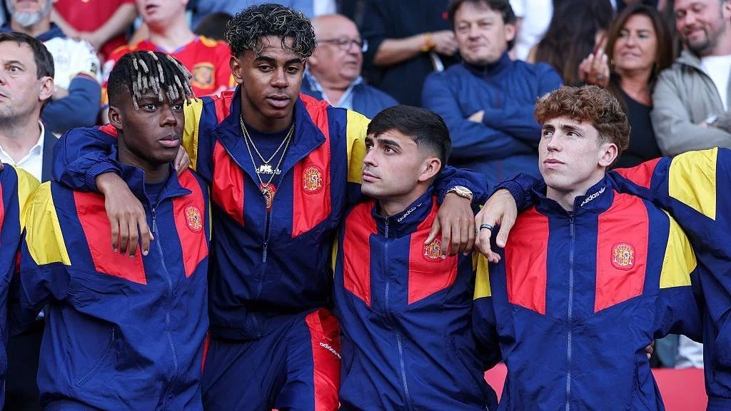 Nico Williams, Lamine Yamal, Pedri Gonzalez and Victor Munoz during a Spain game