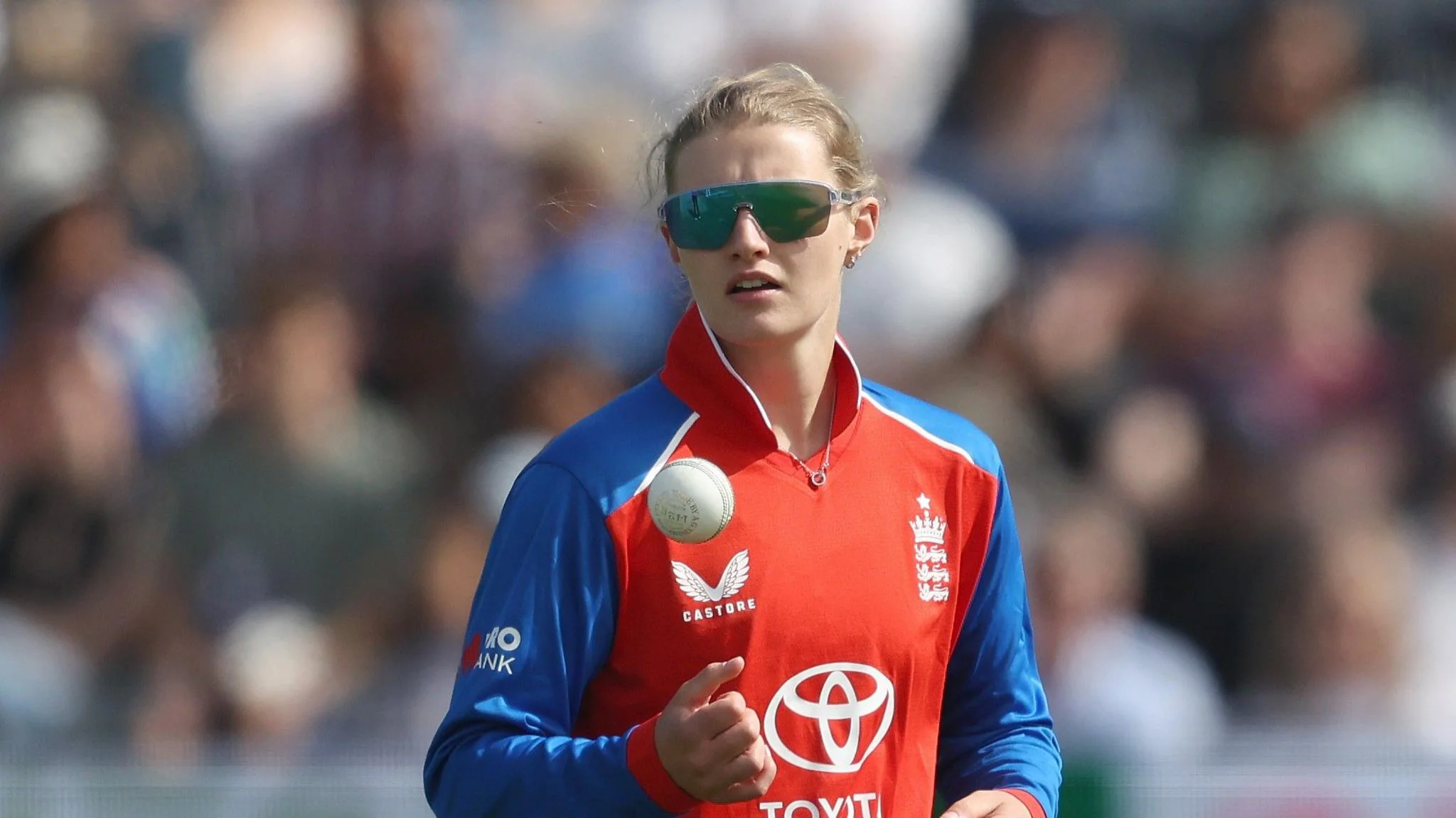 England spinner Charlie Dean tosses up the ball