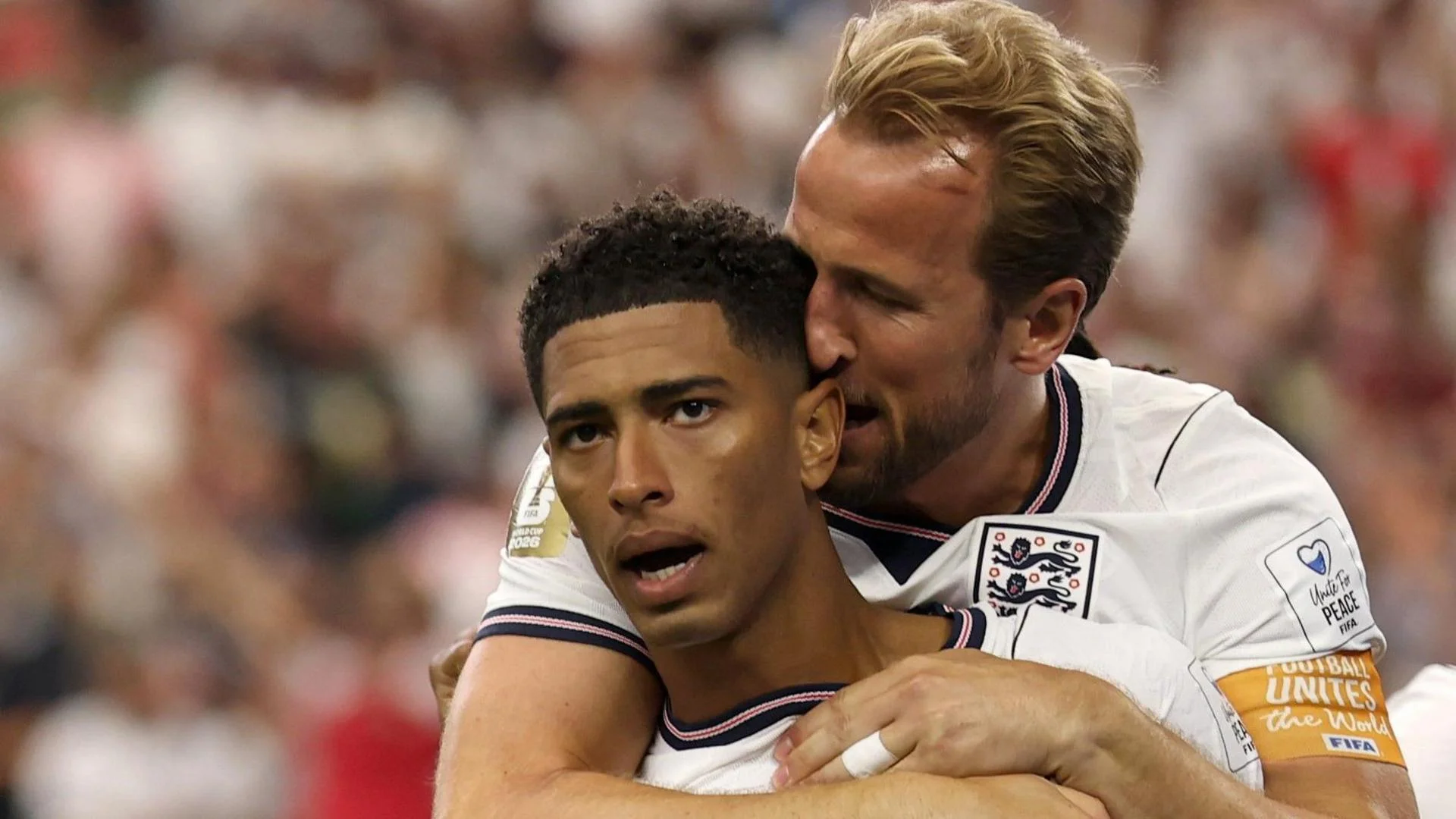 Jude Bellingham and Harry Kane celebrate a goal for England against Croatia