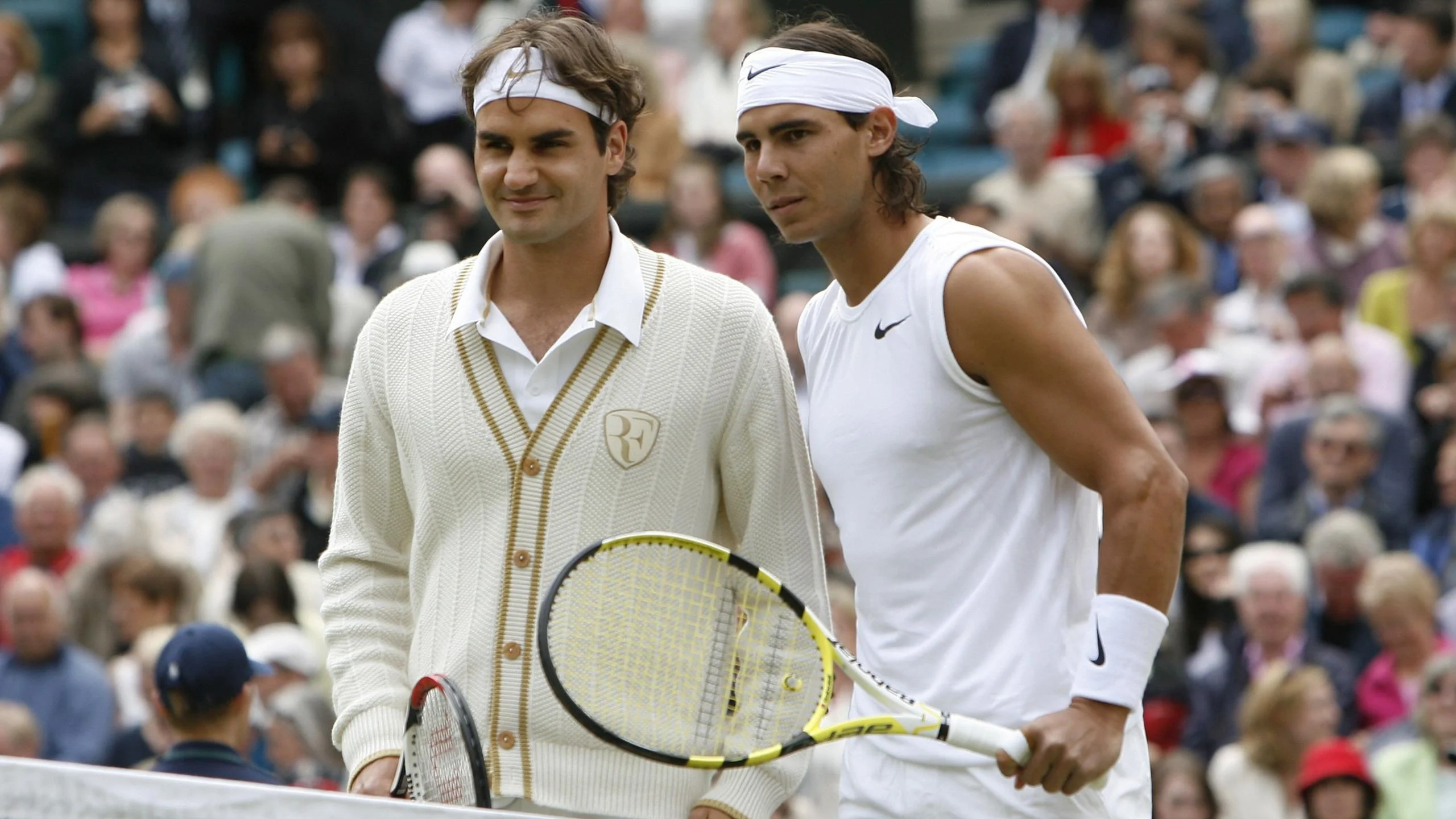 Roger Federer and Rafael Nadal pose for a photo before the 2008 Wimbledon final
