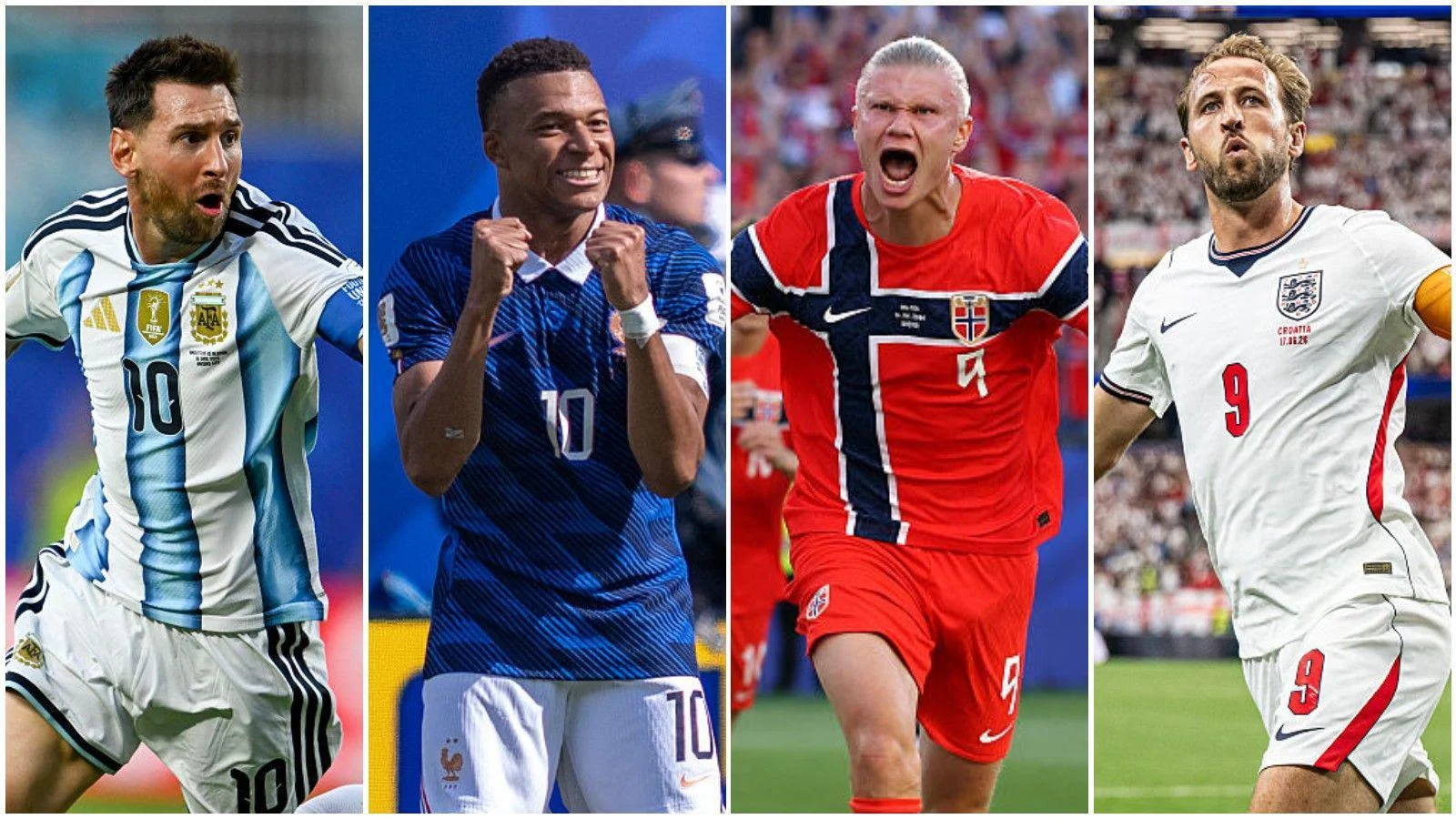 A collage of Lionel Messi of Argentina, Kylian Mbappe of France, Erling Haaland of Norway and Harry Kane of England