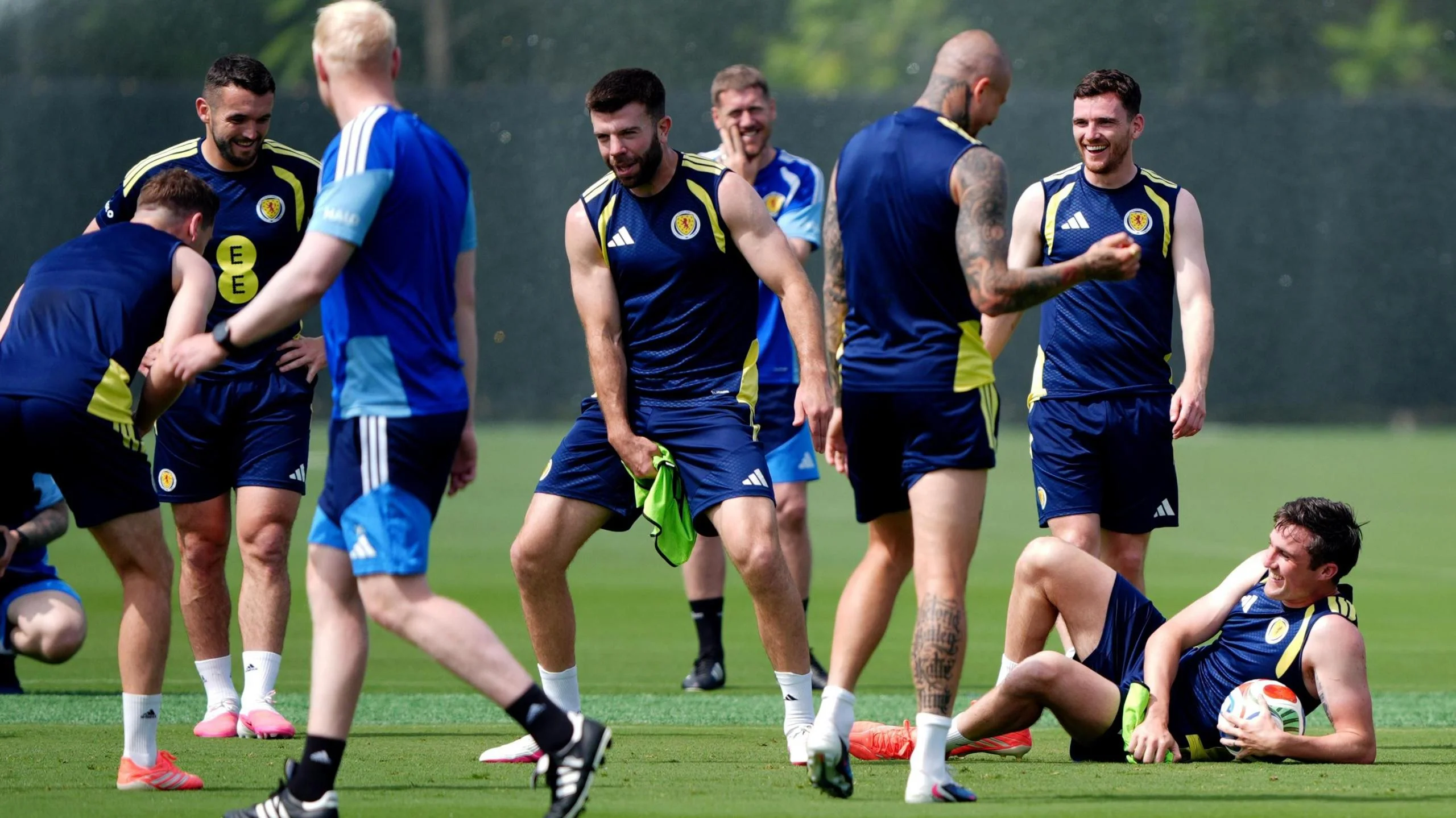 Scotland's John Souttar (on floor) during a training session at the Atrium Health Training Ground in Charlotte, North Carolina.