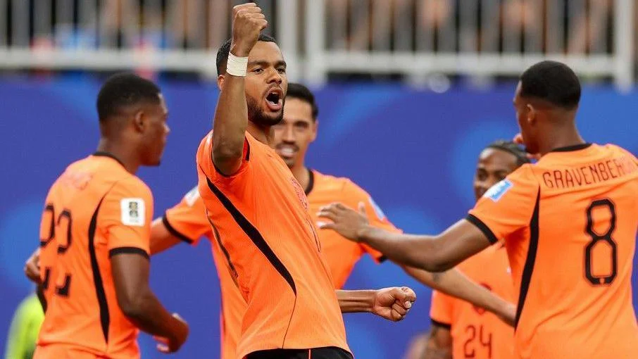 Cody Gakpo celebrates scoring for the Netherlands against Sweden at the 2026 World Cup
