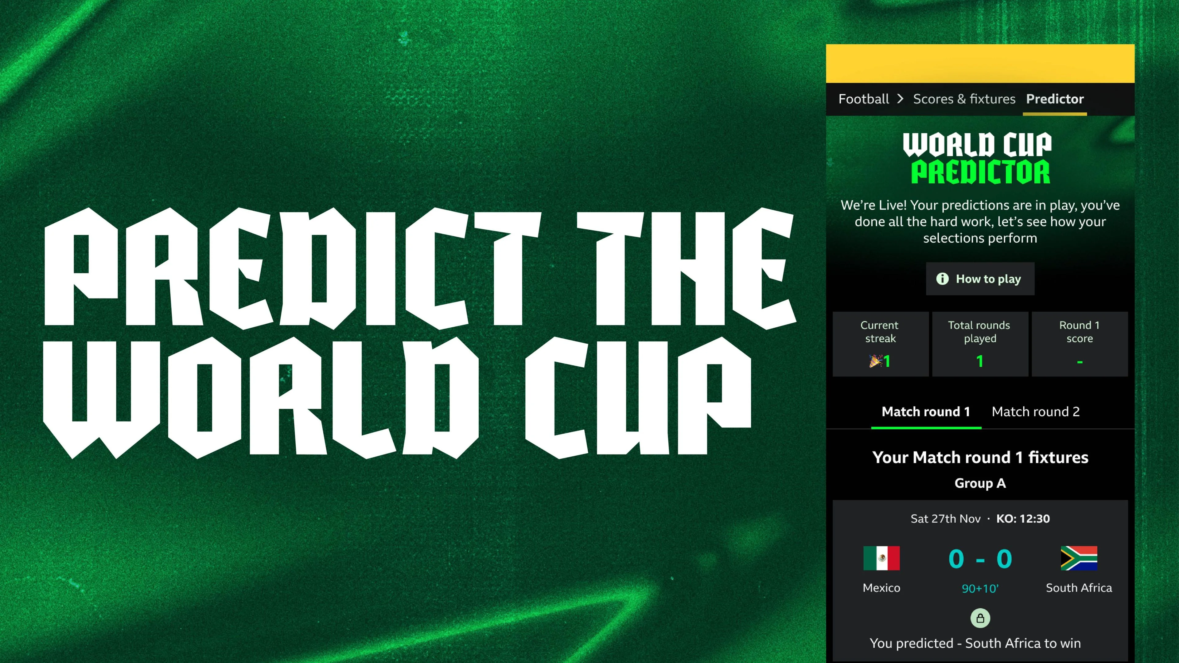 A picture of the World Cup predictor, with text alongside reading "Predict the World Cup"