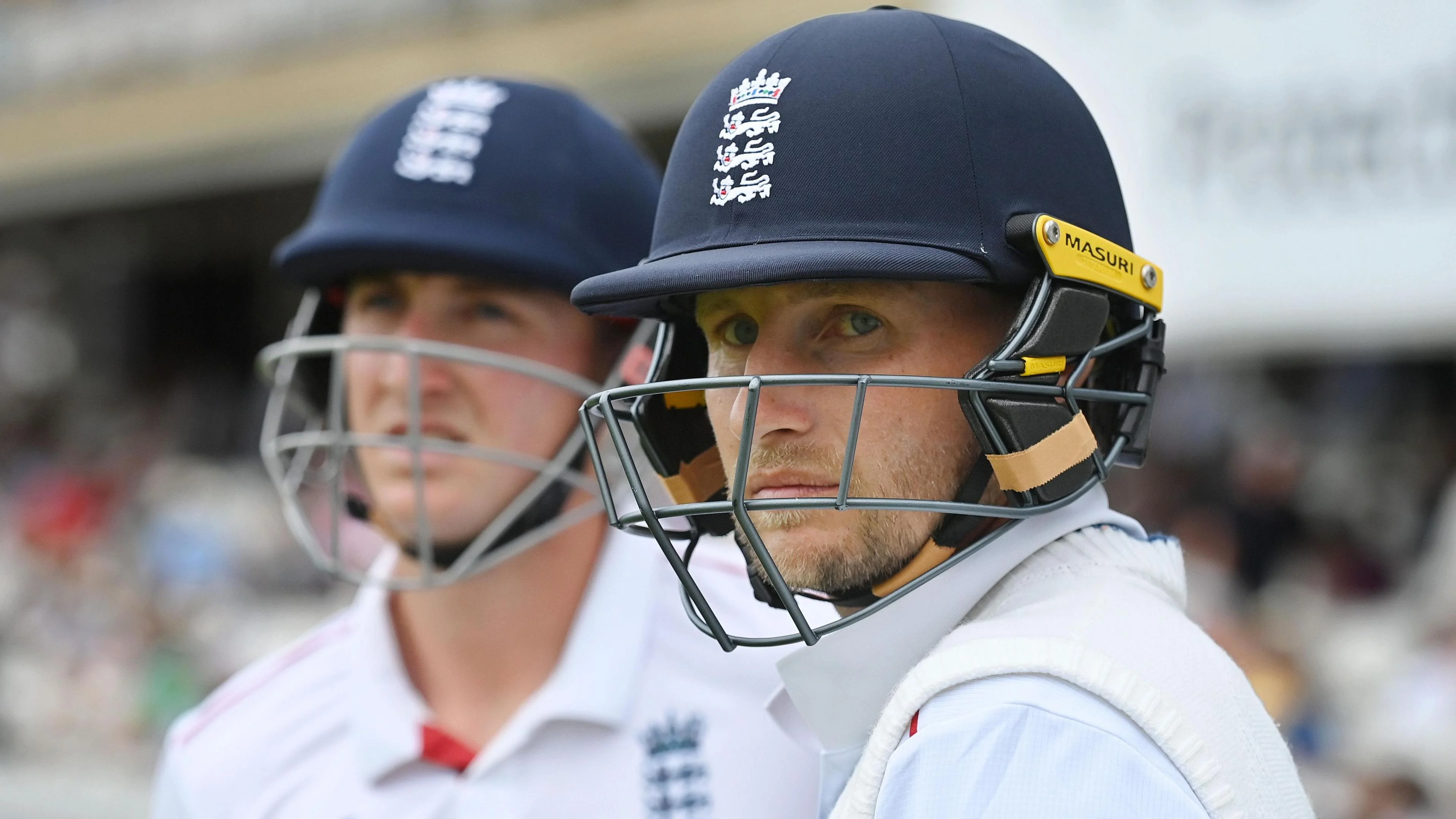 England interim captain Joe Root and vice-captain Harry Brook waiting to bat
