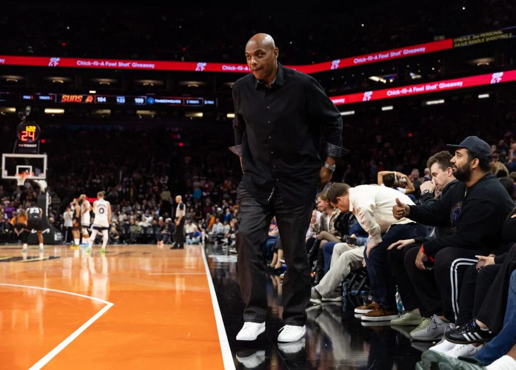 Nov 21, 2025; Phoenix, Arizona, USA; Phoenix Suns former player Charles Barkley walks off the court in the fourth quarter against the Minnesota Timberwolves during an NBA Cup game at Mortgage Matchup Center. Mandatory Credit: Mark J. Rebilas-Imagn Images