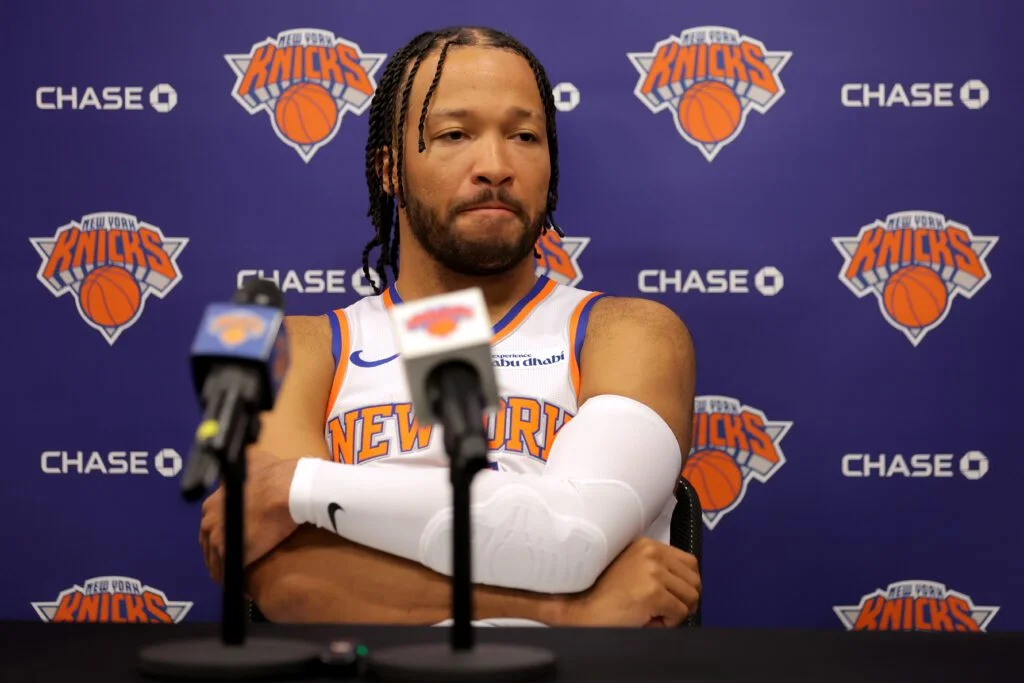 New York Knicks guard Jalen Brunson (11) speaks during media day at the MSG training facility.