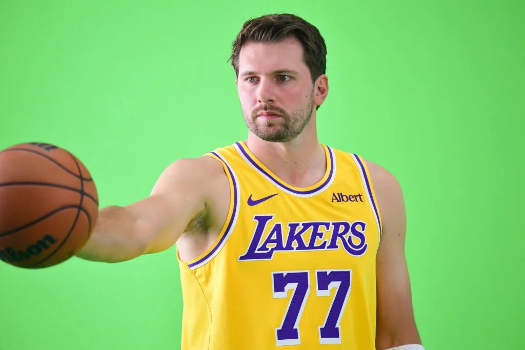Sep 28, 2026; El Segundo, CA, USA; Los Angeles Lakers player Luka Doncic (77) during media day at UCLA Health Training Center. Mandatory Credit: Gary A. Vasquez-Imagn Images