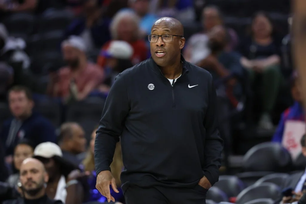 Oct 5, 2026; Philadelphia, Pennsylvania, USA; New York Knicks head coach Mike Brown during the fourth quarter against the Philadelphia 76ers at the at Xfinity Mobile Arena. Mandatory Credit: Bill Streicher-Imagn Images