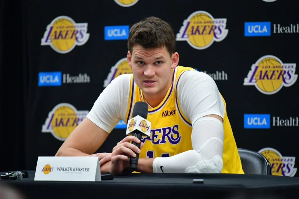 Sep 28, 2026; El Segundo, CA, USA; Los Angeles Lakers player Walker Kessler (14) during media day at UCLA Health Training Center. Mandatory Credit: Gary A. Vasquez-Imagn Images