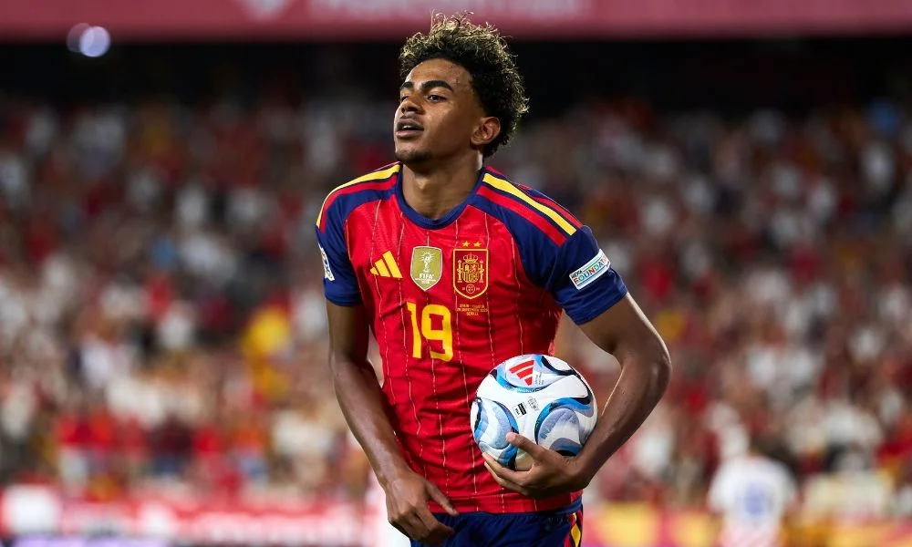 Lamine Yamal celebrates after scoring in the Nations League