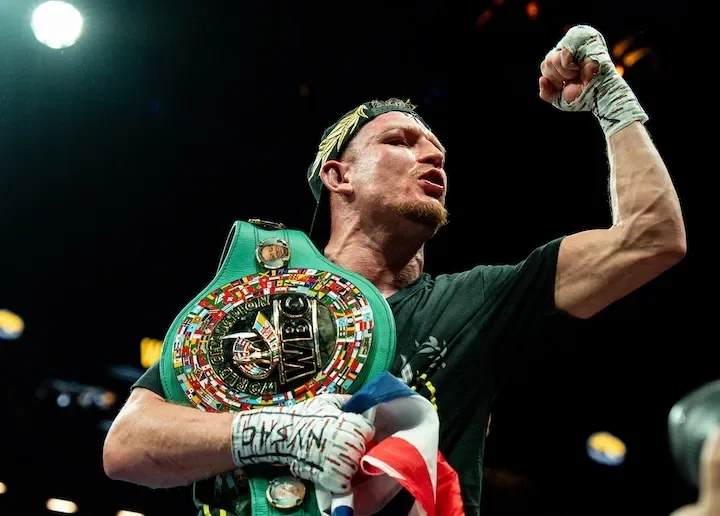Dalton Smith holds the WBC junior welterweight world title shortly after winning it from Subriel Matias on January 10, 2026. | Source: Mohsin Hussain / Matchroom Boxing