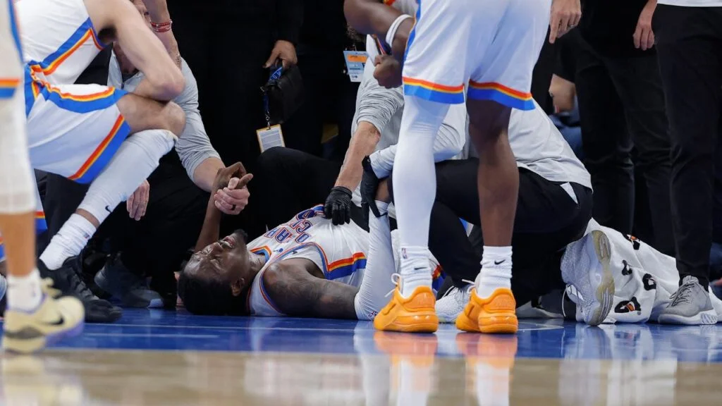 Oct 25, 2026; Oklahoma City, Oklahoma, USA; Oklahoma City Thunder guard Jalen Williams (8) lays on the floor after getting injured on a play against the Los Angeles Clippers during the second half at Paycom Center. Mandatory Credit: Alonzo Adams-Imagn Images